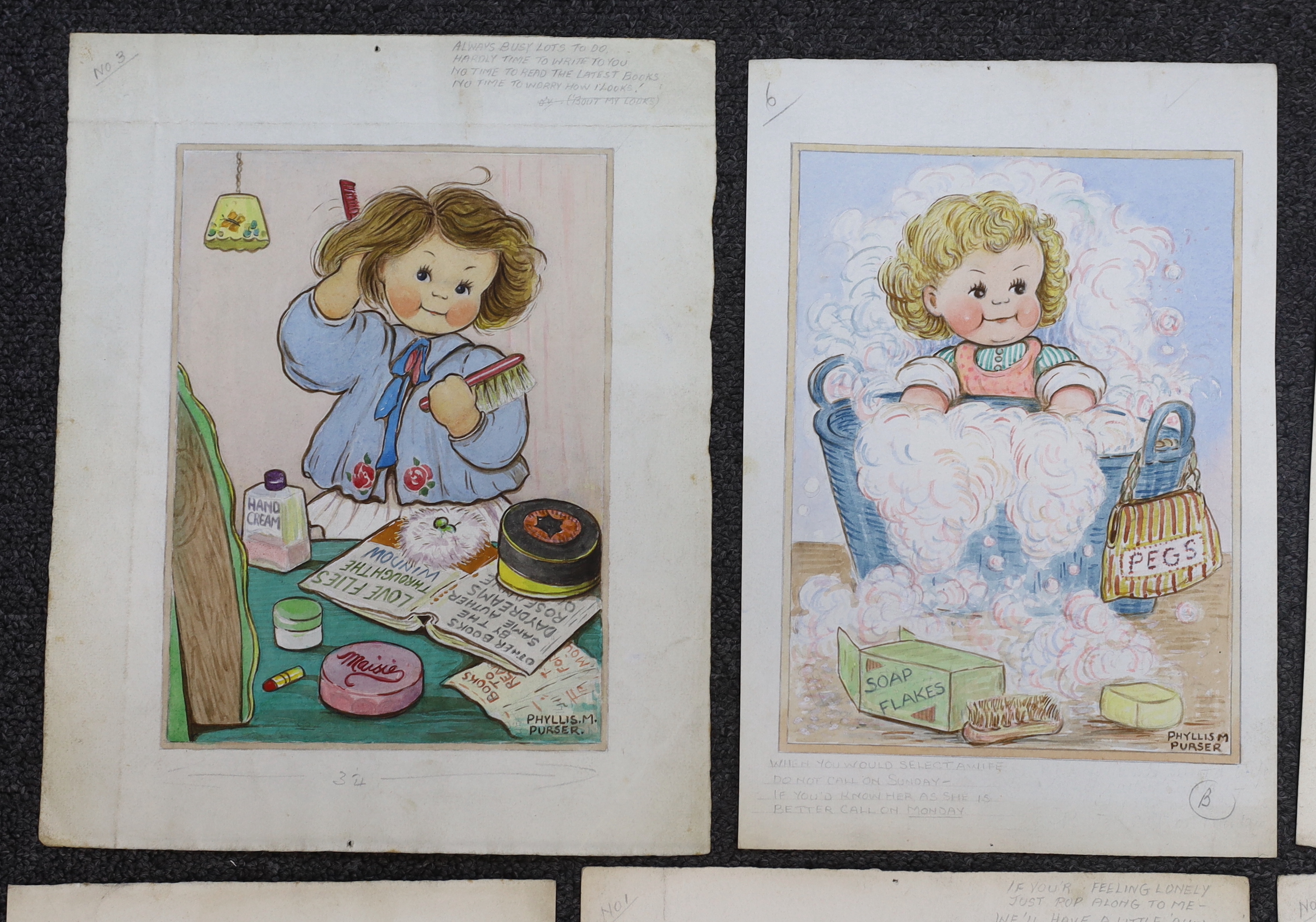 Phyllis Purser (1893-1990), set of six mid 20th century watercolours, Humorous children, original postcard designs, signed, largest 30 x 24cm, unframed